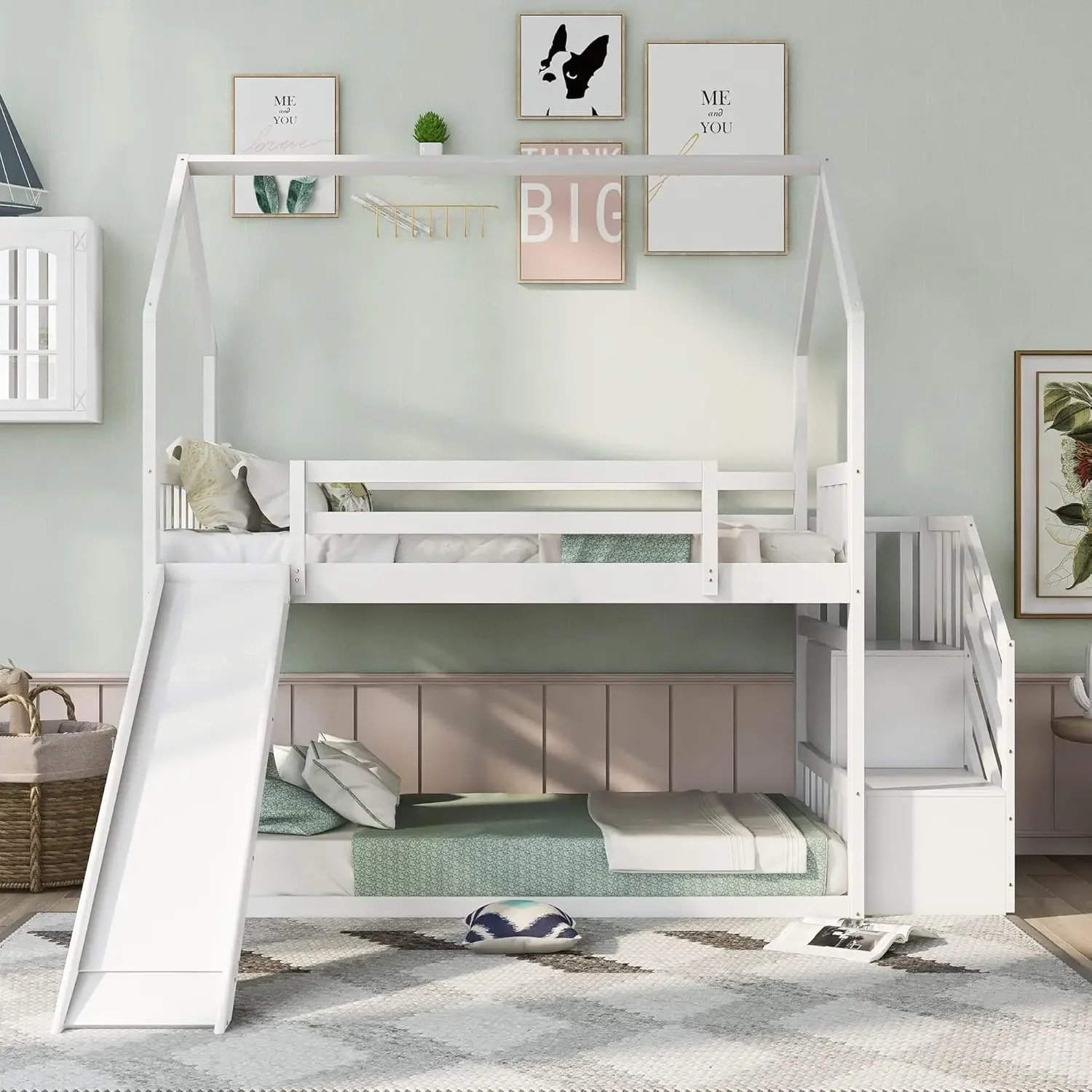 Twin Over Twin Bunk Bed With Slide And Stairs Low House Bunk Bed For Kids Teens, No Box Spring Needed