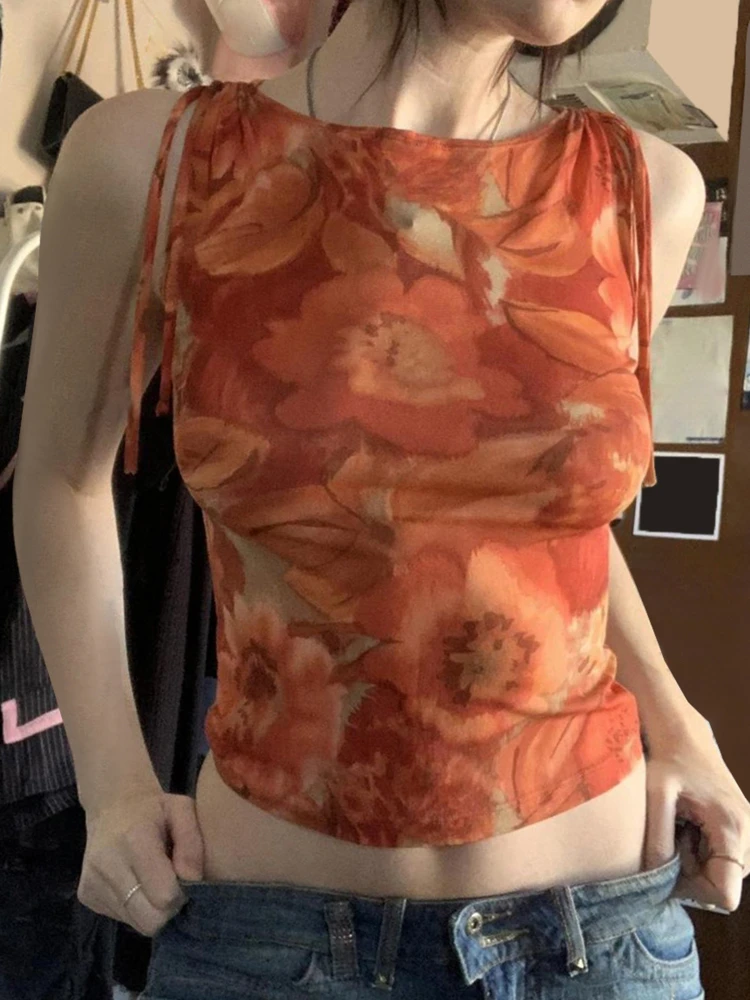 

Dopne Orange Floral Tie Waist Vest Women's Holiday Aosphere Sensation Slimming ort Length Plant Floral Print Top