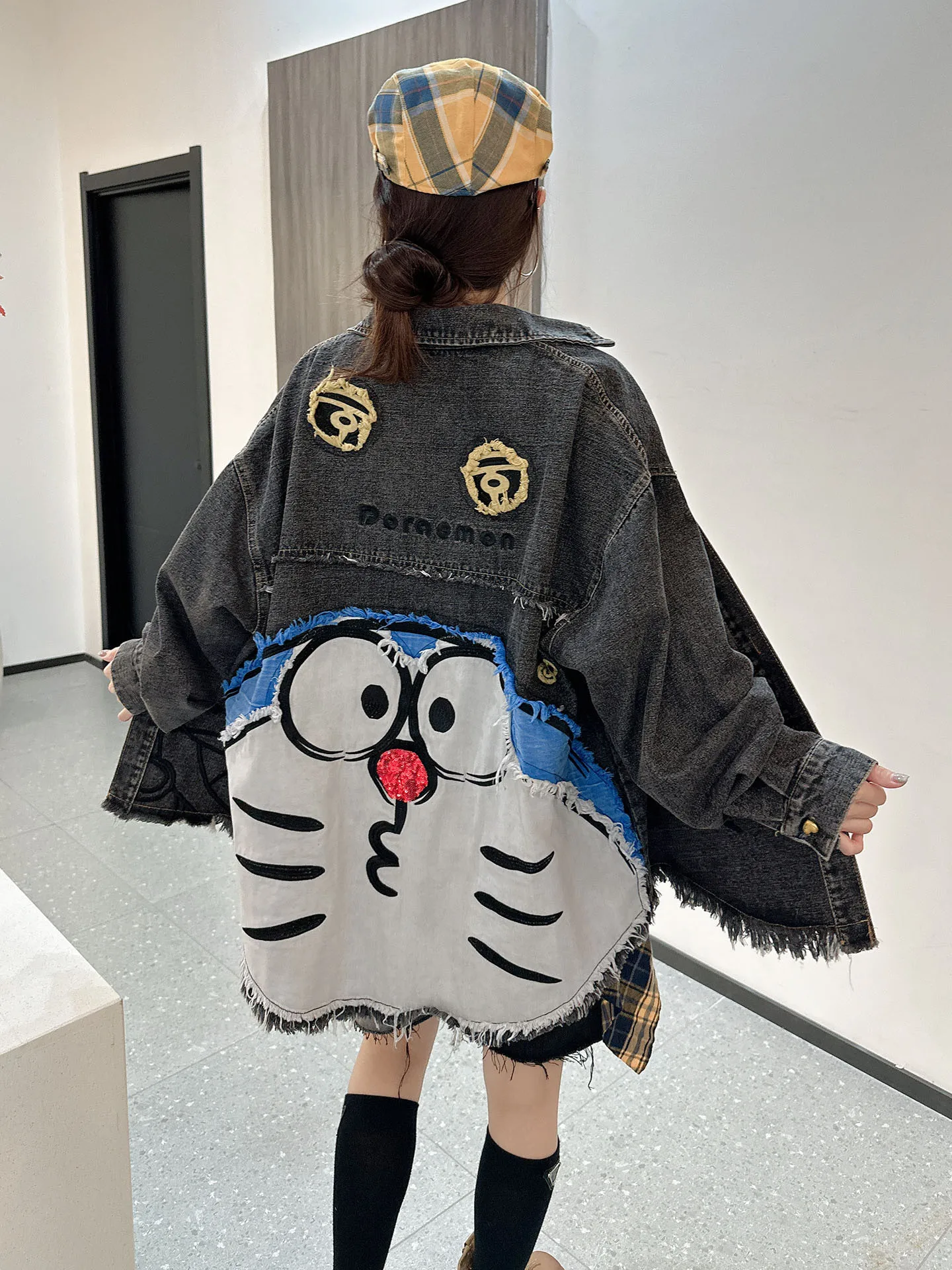 

Retro Hong Kong Sle Loose Women's Denim irt Luxury Casual Cartoon Print Long Sve Cotton Faionable Age-Defng Top