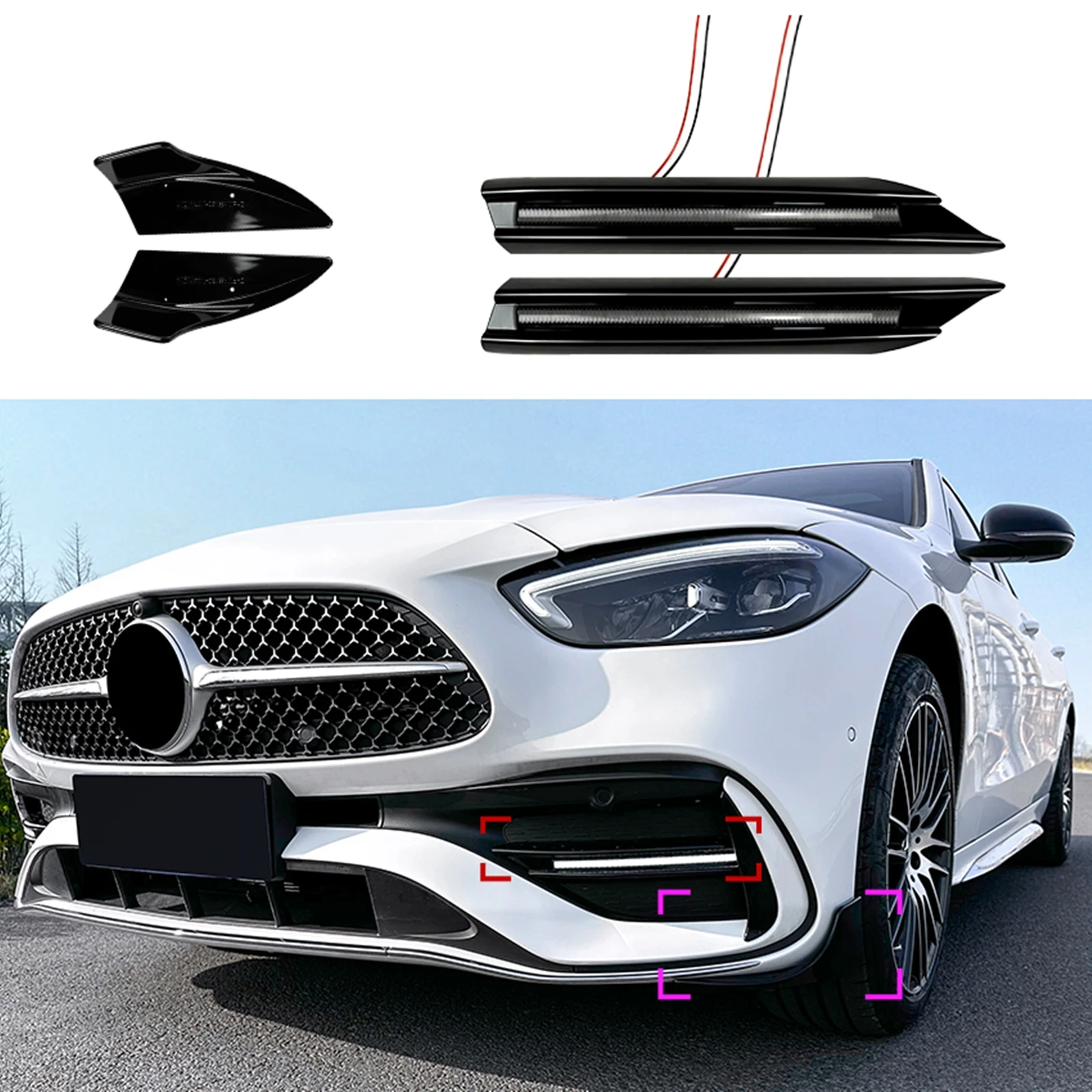 

For Mercedes Benz C Class W206 C200 C30 C63 AMG 2022-2024 Front Bumper Side Splitter Cover Air Vent Daytime Running Light Lamp