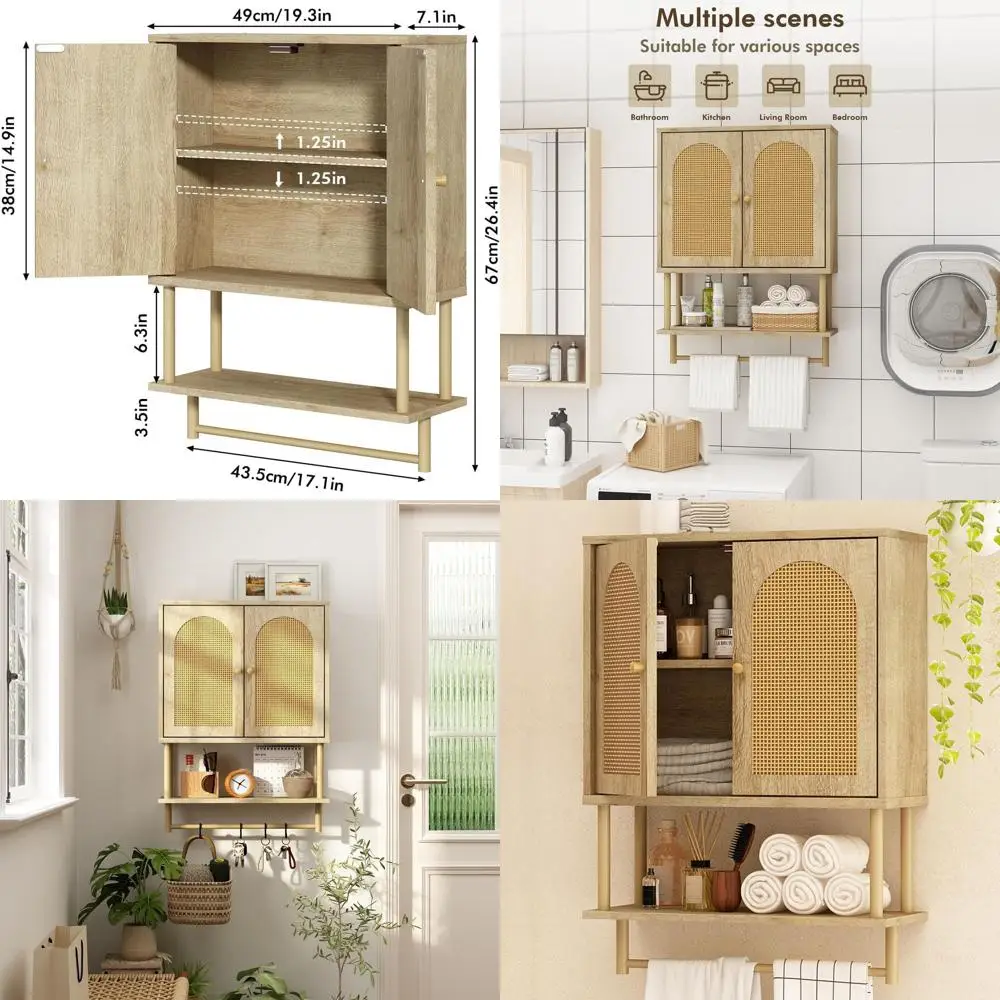 

Настенный шкаф для ванной из натурального ротанга средней плотности с двумя арочными дверцами, местом для хранения над унитазом, регулируемой полкой и вешалкой для полотенец