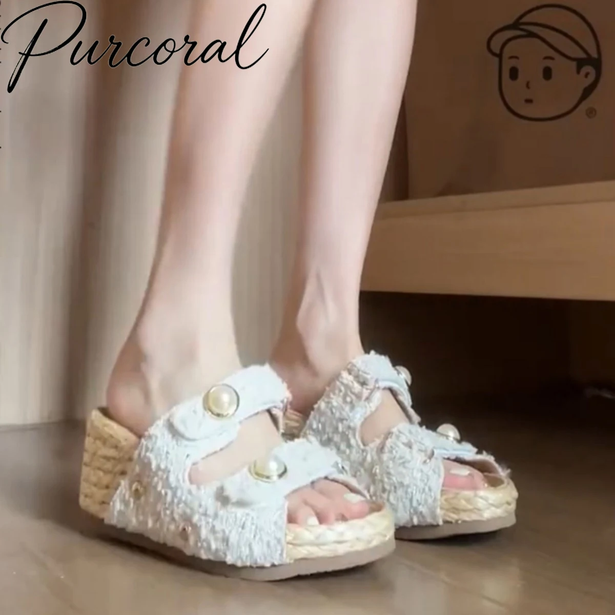 Purcoral Women Frayed Fabric Pearl Wedge Double Strap Espadrille Platform Open Toe 2026 Summer Beach Slides Outdoor Slippers