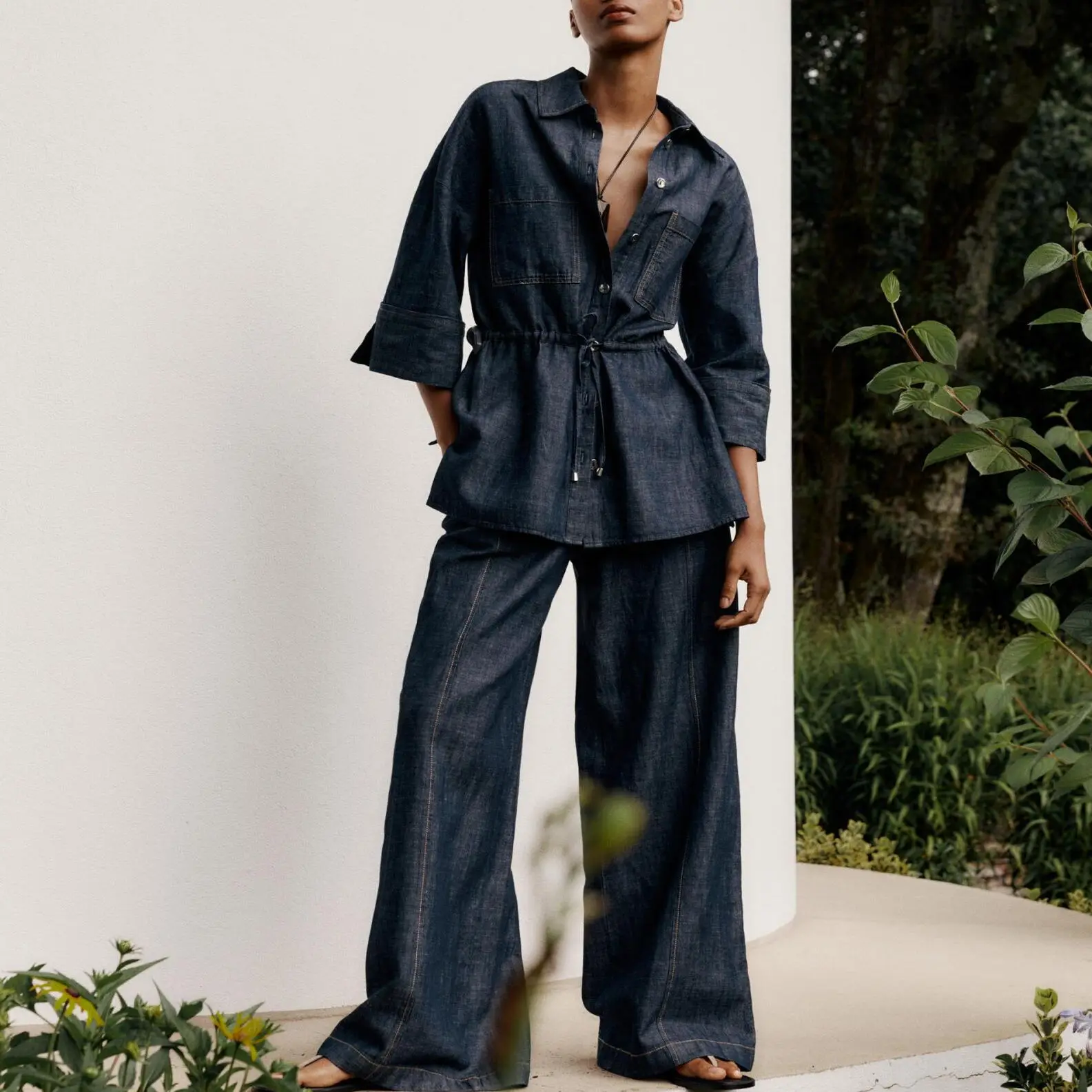 

Sli Lazy Sle Retro Slimming Denim Hunting irt Casual Long Pants Women's Faion Set Ele Collar Seven Sve