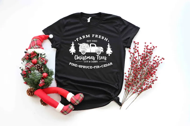 Farm Fresh Christmas Trees Truck T-shirt Family Truck Gift Truck Family Shirts Short Sleeve Top Tees O Neck goth Drop Shipping