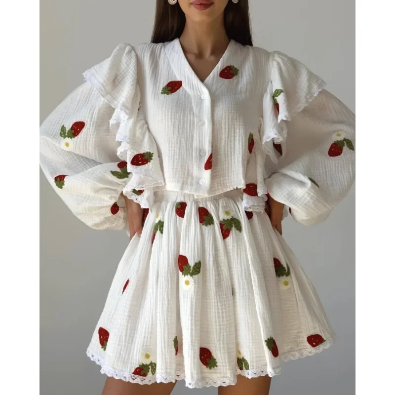 Women Lantern Sleeve Ruffles V-neck Patchwork Single-Breasted Top High Waist Mini Skirt Suit Women Cotton Linen Print Loose Suit