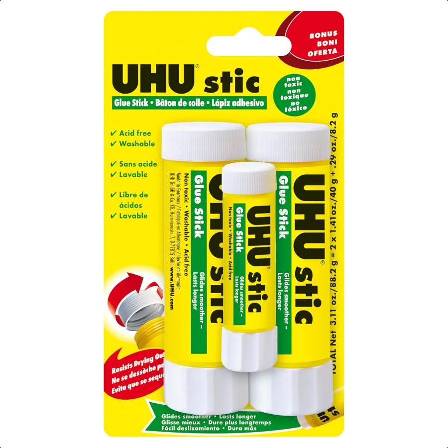 

UHU Stic Glue Stick Soent Free Washable Screw on Cap for School Crafts Scrapbooking 2 x 40g + Bonus