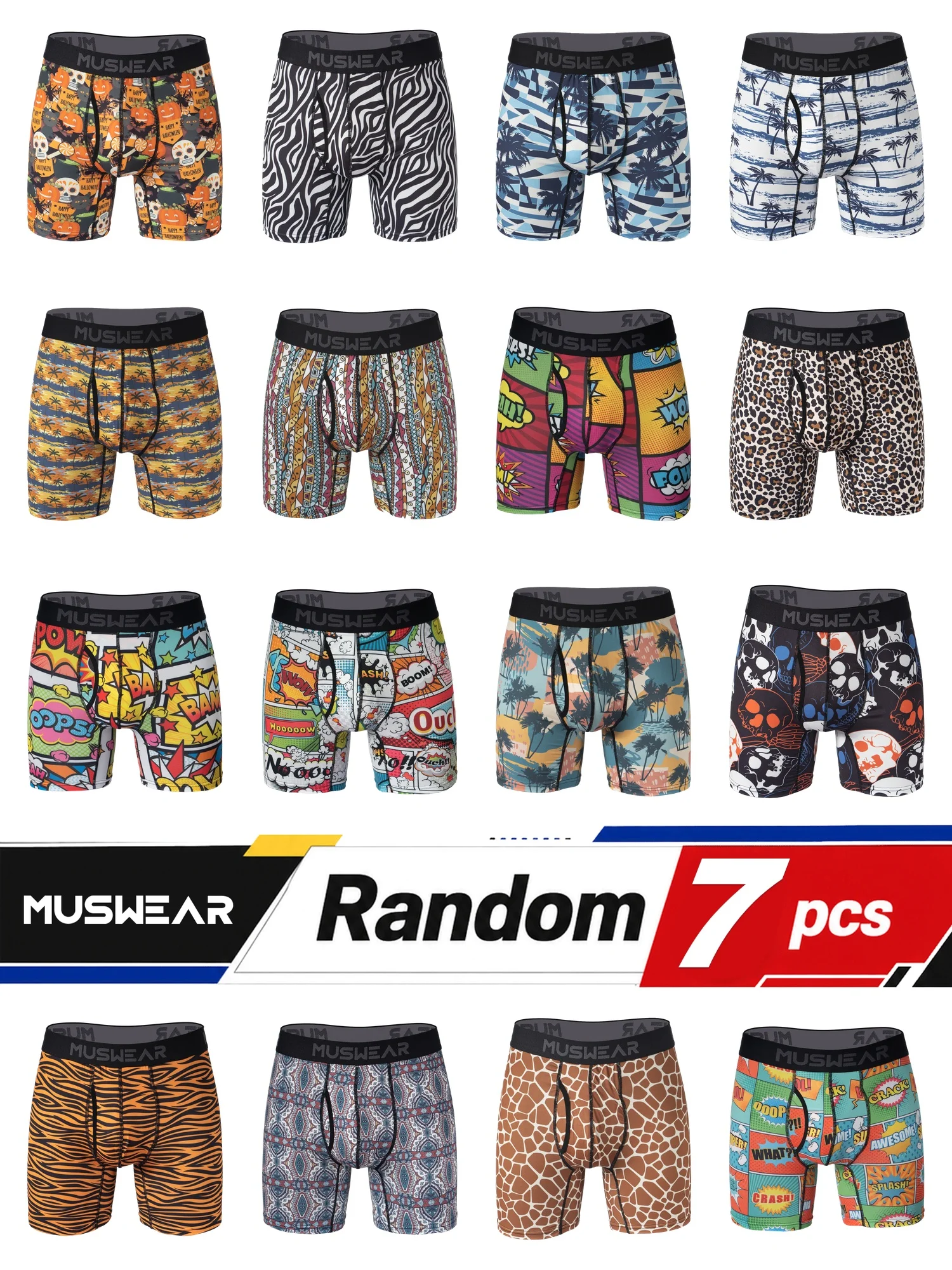 MUSWEAR 7pcs Men's Boxer Briefs Double-Sided Brushed High Elasticity Quick-Drying Side Opening All-over Print Wide Waistband