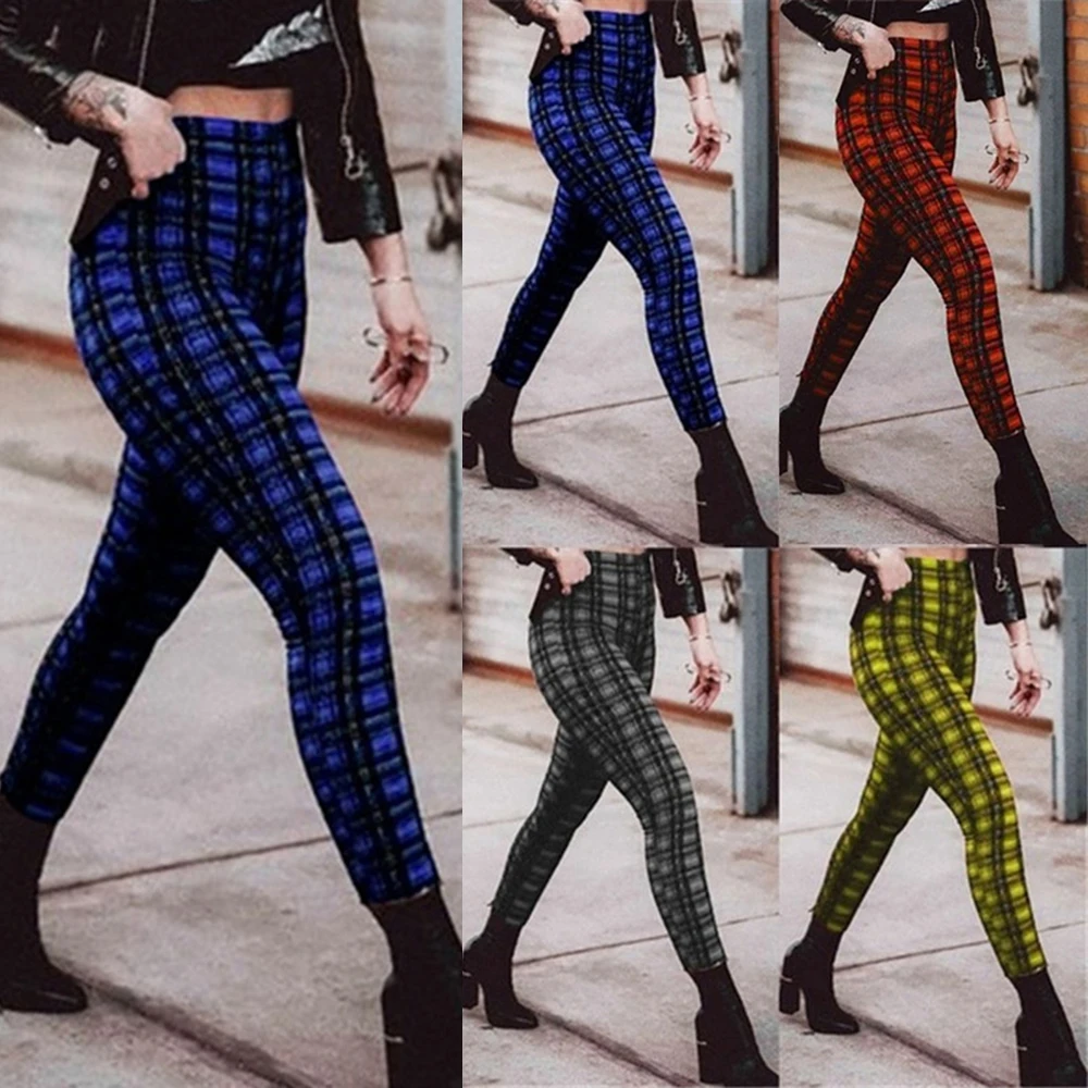 Elastische Damenhose, hohe Taille, Jeggings, Leggings, Bleistifthose, karierter Druck, dünne Hose, schmale Passform, Stretch, dehnbare Hose, lässig