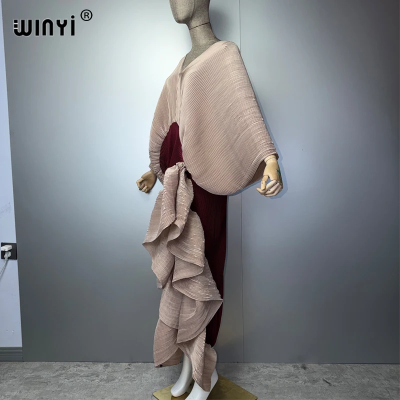 WINYI New Pleated Slim High-Fork Dress for Women Fashion Beach Cover-Up Muslim Kaftan Abaya Dubai Luxury Long Evening Gown