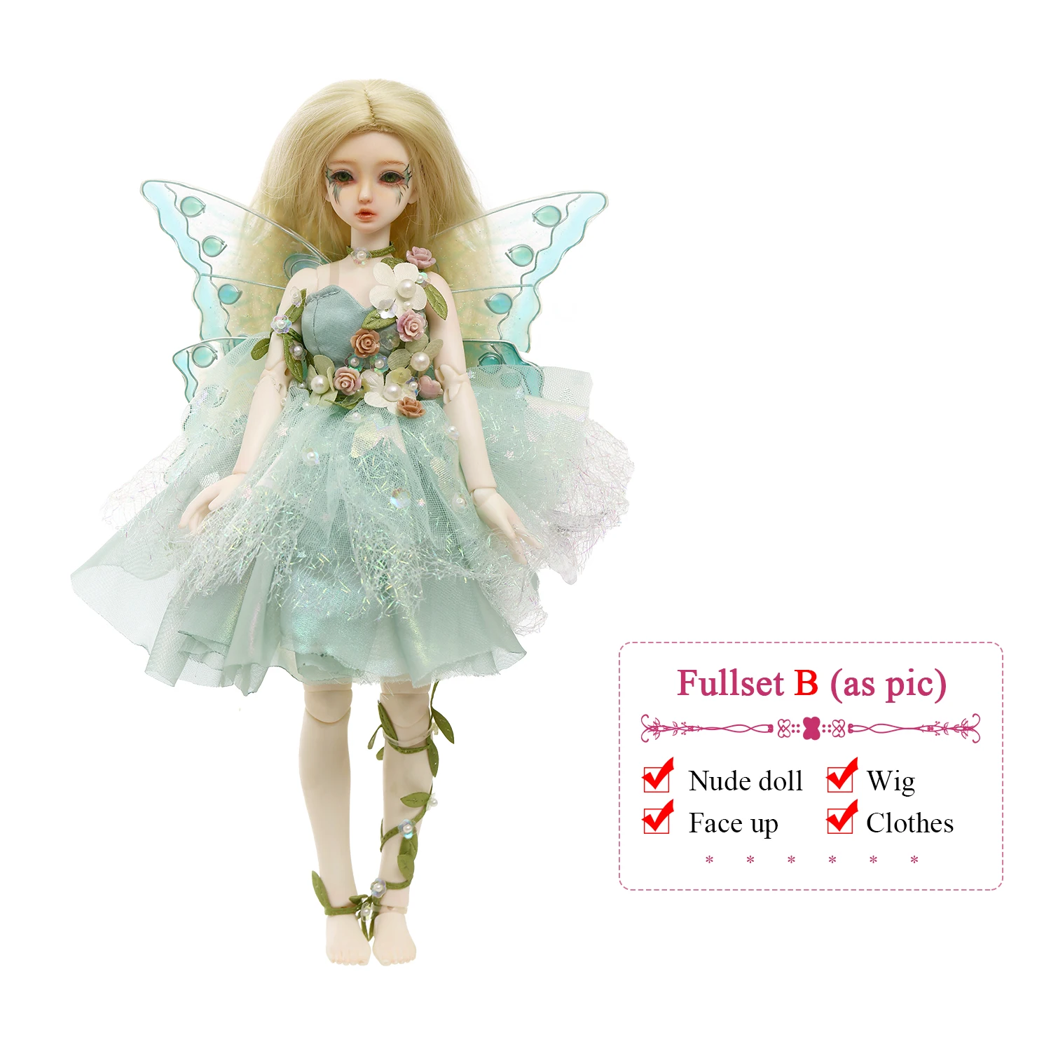 Fantasy Angel Bjd 1/6 Firefly B Volledige set met vleugels Forest Green Sprite of The Enchanted Woodland Hars Ball Jointed Doll