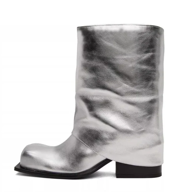

2023 Autumn/Winter New Genuine Leather Women's Thick Low Heel Boots Fashion Square Head Knight Boots Platform Boots For Women