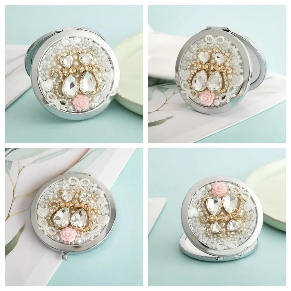 Miroir de poche en forme de cœur en métal pour femme, mini nœud papillon, fleur, chat en cristal exquis, taille de voyage