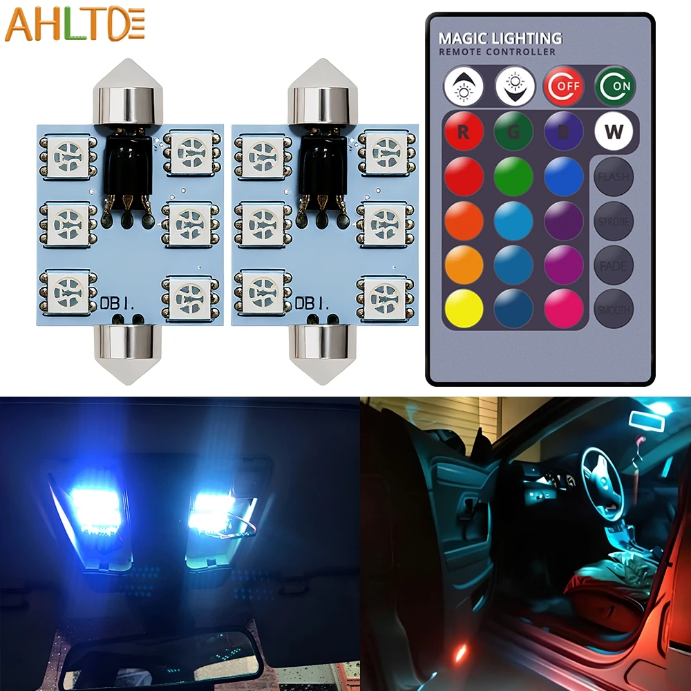 2PC RGB Car Led Bulb C5W 5050 6SMD 12V 31-41mm Remote Controller Interior Festoon Dome Door Reading Lamp Roof Trunk Wedges Light