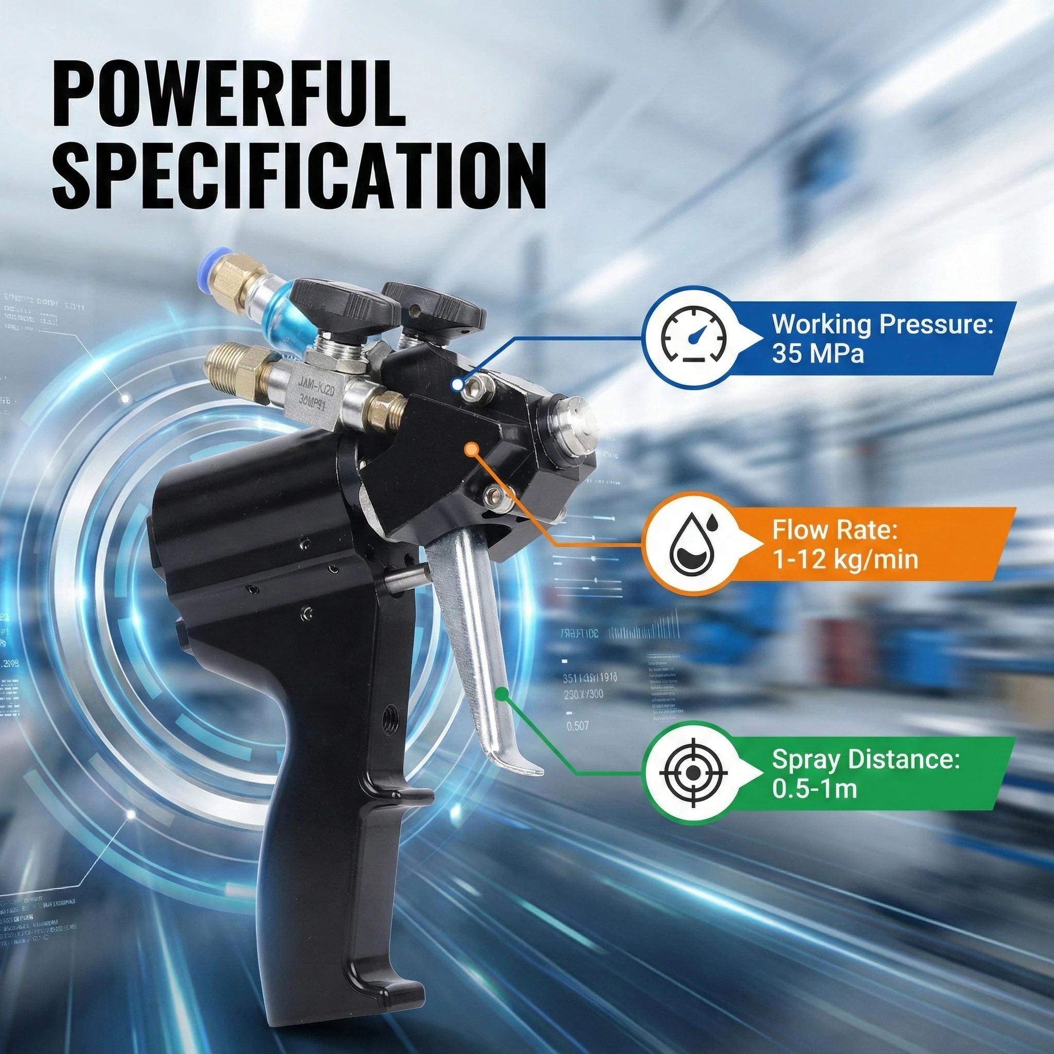 

Air Purge Spray Gun For Pu Foam Polyurea Application P2 Model Self Cleaning High Pressure 35mpa Flow Rate 1 To 12kg Per Min