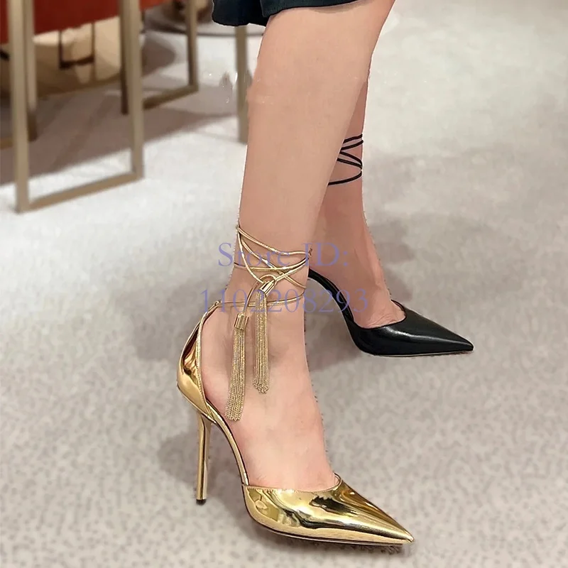 

Pointed Gold Tassels High Heeled Sandals Thin Heel Lace-up Cover Heels Strappy Sandals Summer Women Dress Shoes Stiletto 2024