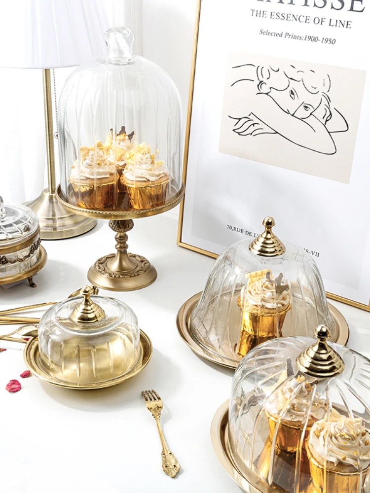 Light Luxury Brass Glass Cover Cake Goblet Tray Afternoon Tea Dessert Plate Display Utensils