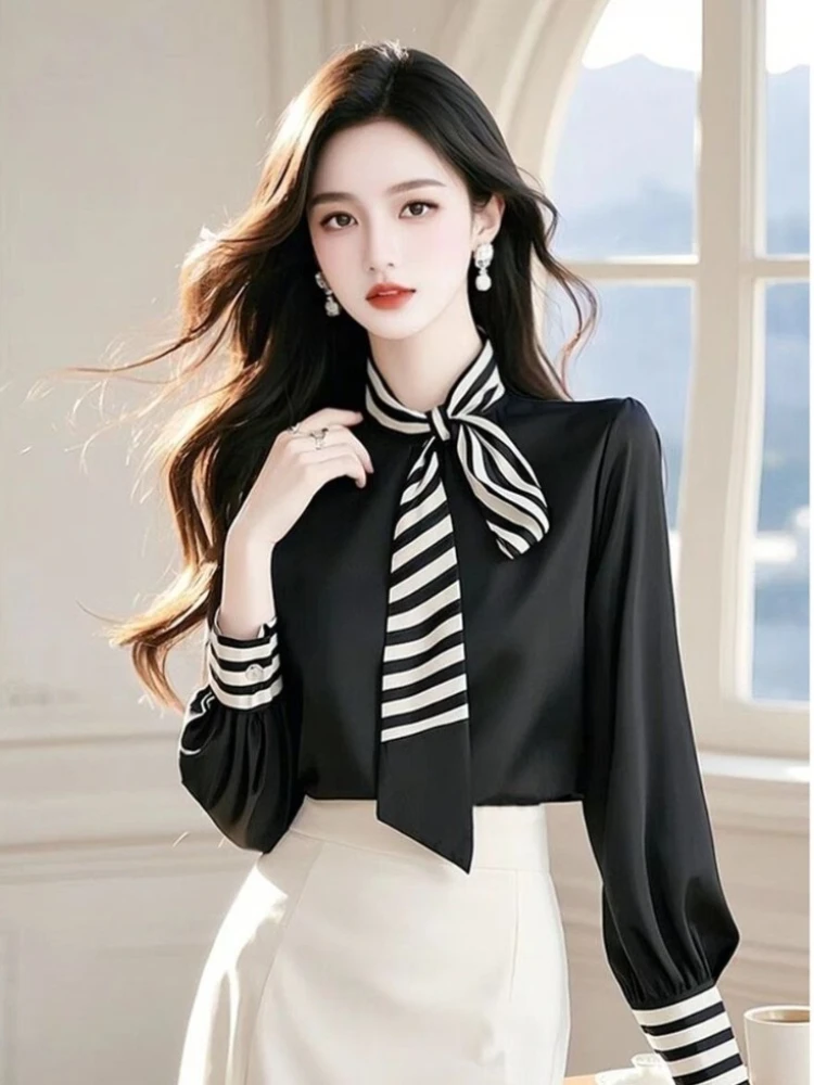 

2025 Spring Blouses Lace-up Striped Contrast Color Long Sleeve O Neck Shirts Fashion Vintage Elegant All Match Women's Clothing