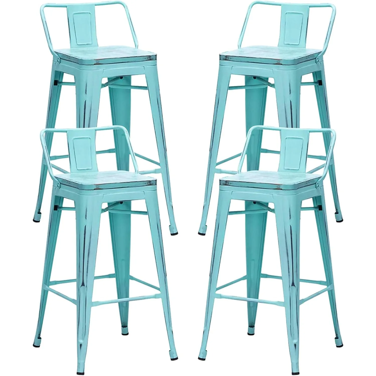 

30" Metal Bar Stools Set of 4 Industrial Counter Height Barstools Kitchen Counter Stool Wood Top Low Back-Distressed Blue