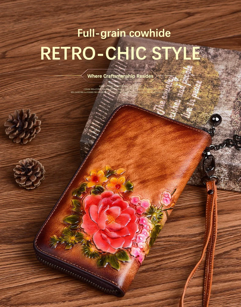 Zency Elegant Retro Women's Wallet Genuine Leather Large Capacity Coin Purse Card Holders Long Wallet Floral Pattern Phone Pocke