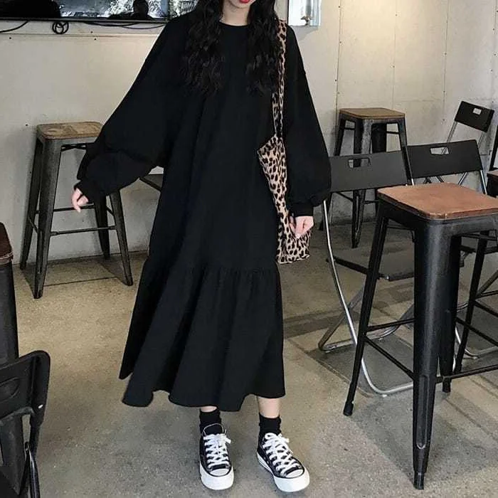 

Женское свободное платье больших размеров с длинным рукавом, весенне-осеннее, тонкое, до колен, в студенческом стиле, однотонное, А-силуэт