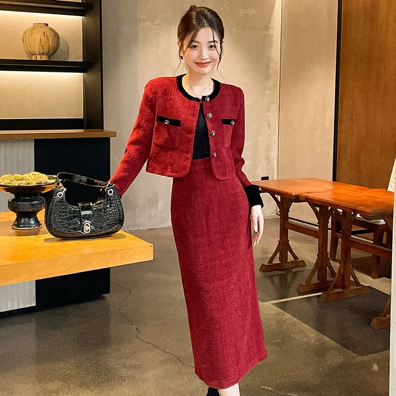 2024 New Women Tweed Cadigan Jacket + Pencil Midi Skirt Long Sleeve Single-breasted Small Fragrance Short Coat Two Piece Set