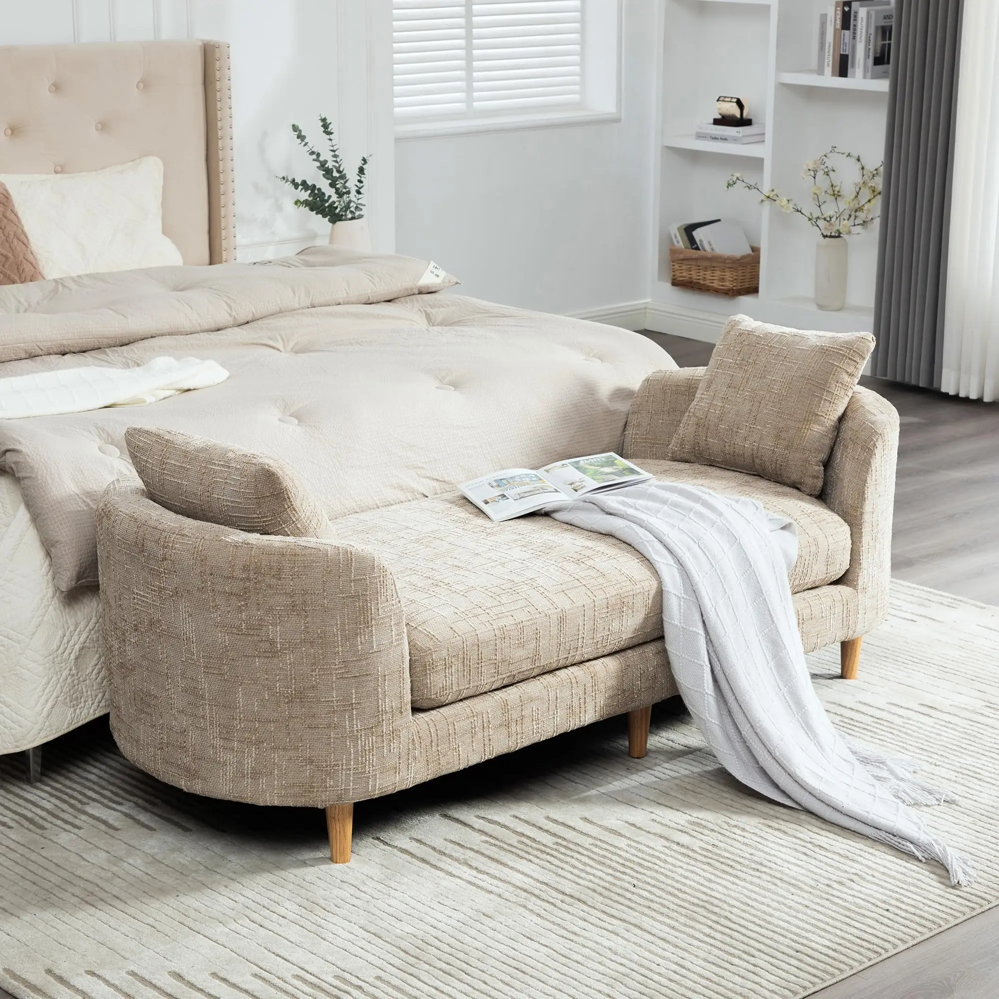 End of Bed, Chaise Lounge, Chenille Upholstered with Armrests, 77.17 Inch Daybed Settee with 2 Bolster Pillows, Rubber
