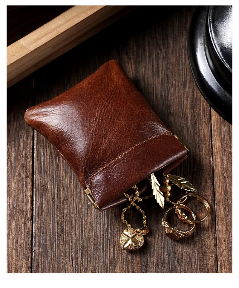 3 Size Options Genuine Leather Squeeze Coin Purse, Automatic Closing Jewelry Pouch, Multi-Size Mini Storage Bag for Small Items
