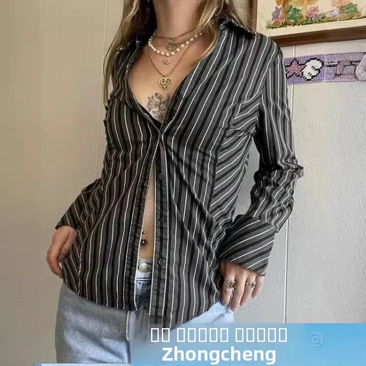 

Cross-Border New Spring Autumn Single-Button Black Long-Sleeve Collared Commuter Stripe Shirt Elegant Business Casual Women's...