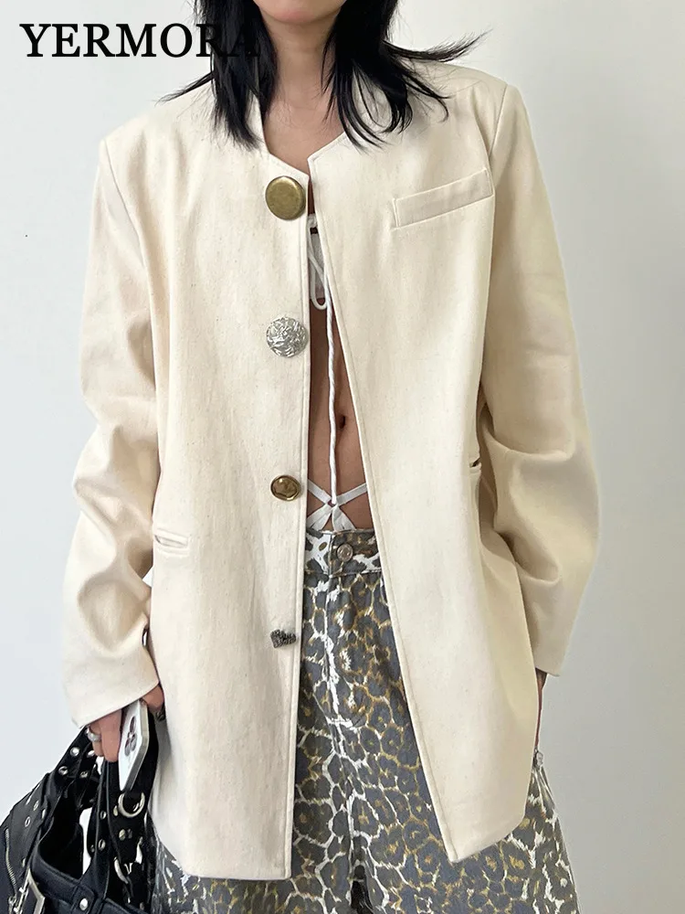 

YERMORA Beige Design Button Casual Blazer For Women O-neck Long Sleeve Loose New Jacket Fashion Tide Spring Autumn 2025