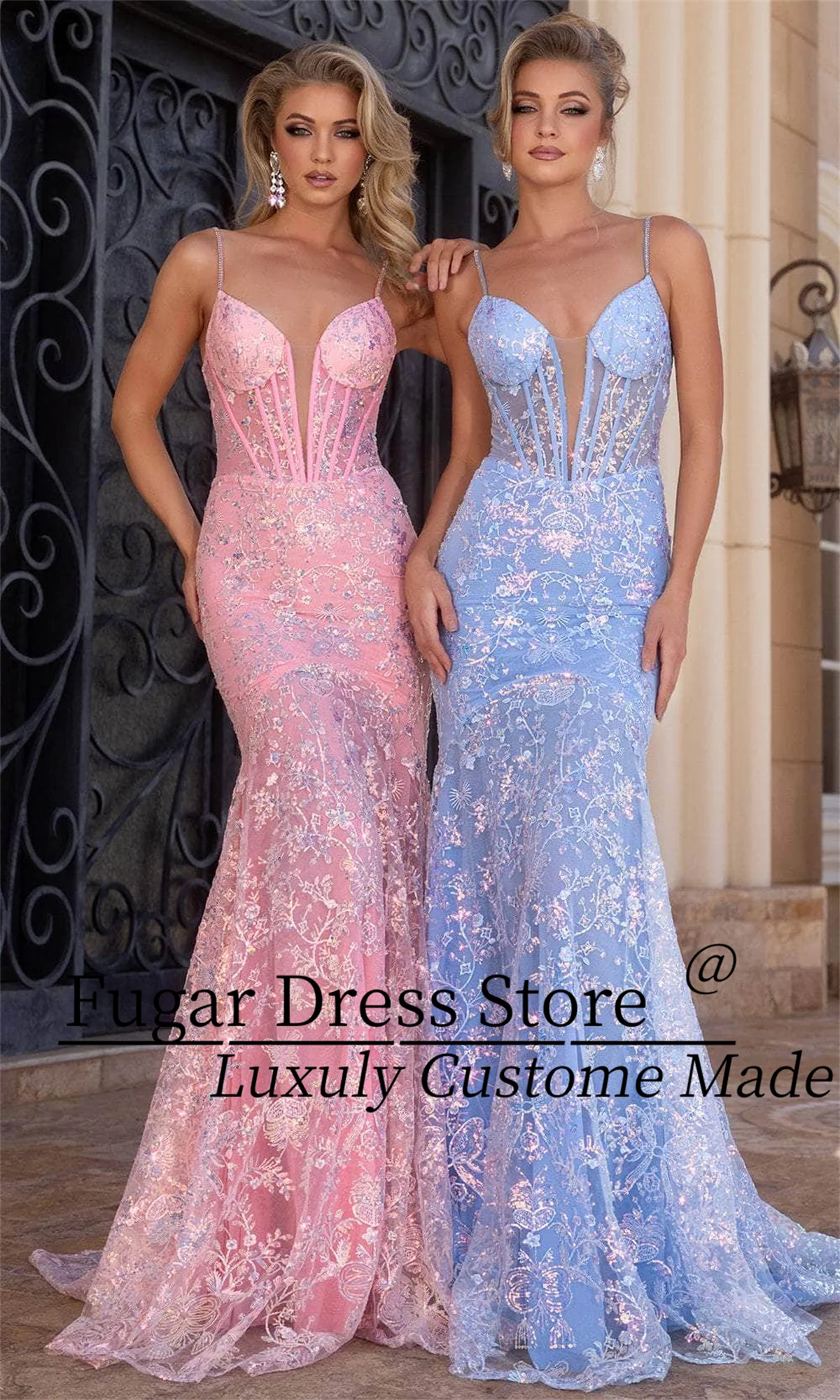 TIANTIAN Customized V-neck design Beaded thin shoulder strap Transparent corset with tight fit Formal Prom dress فساتين سهرة