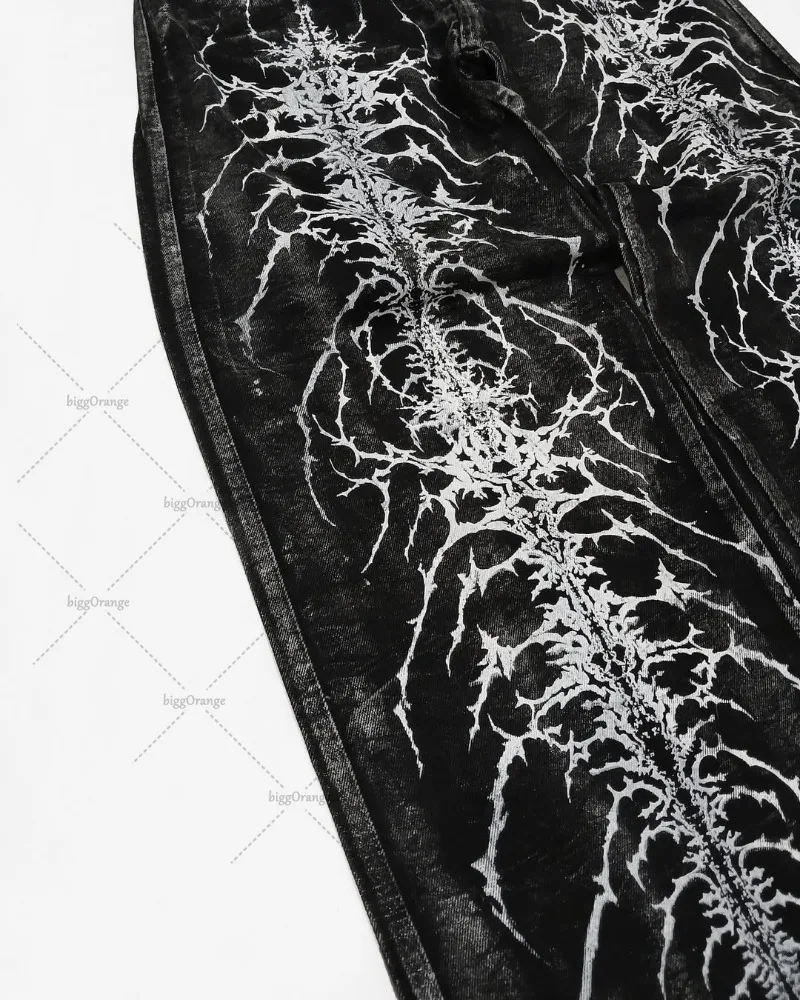 جينز عصري برسومات قوطية داكنة لعام 2025 للرجال الهيب هوب ملابس خروج فضفاضة غير رسمية عالية الخصر سراويل مستقيمة للنساء #1