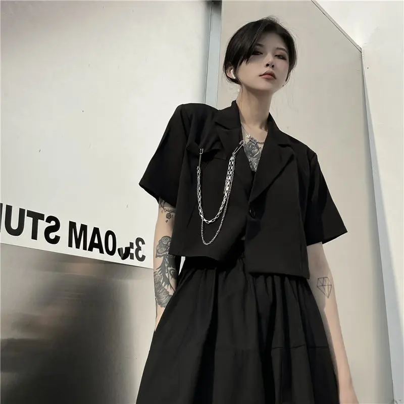 

Blazers Women Streetwear Cargo Chain Cool Cropped Short Sleeve Chic Harajuku All-match Cozy Fashion Clothing Teens Outwear Femme