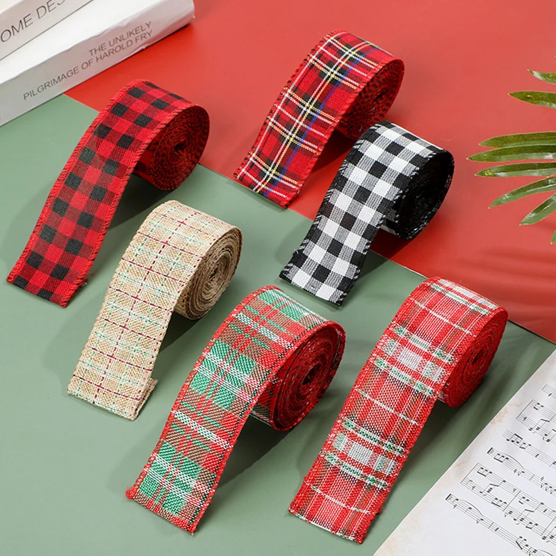 Rubans en lin 4CM x 6M, nœuds DIY pour l'artisanat, bord en fil de chanvre, ruban en lin, décorations de noël, ruban à carreaux vert rouge DD022