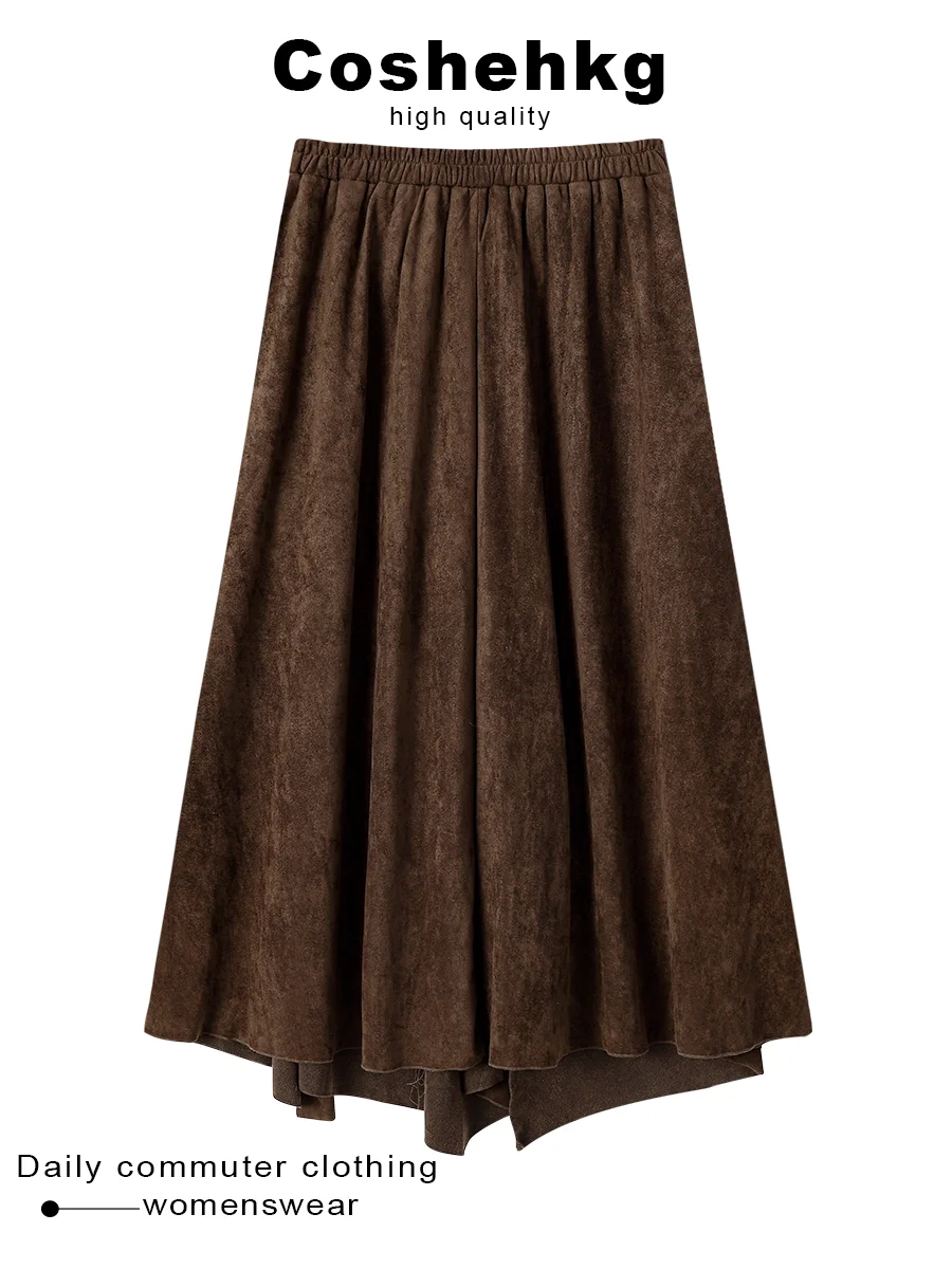 Coshehkg High Waist Asymmetrical Lace Splicing Suede  Skirt Women's Winter Design Slimming A-Line Skirt Casual Style