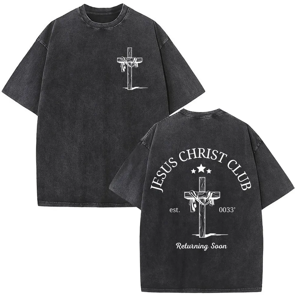 Vintage Washed Nothing But The Blood of Jesus Christian Bible Verse T-shirts Men's Women Fashion Short Sleeves Oversized T Shirt view 3