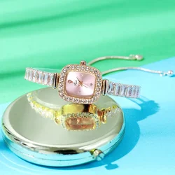 Luxury Fashion Color Square Zircon Exquisite Chain Bracelet Watch Women's Free Adjustment Pulling Quartz Watches Reloj Mujer