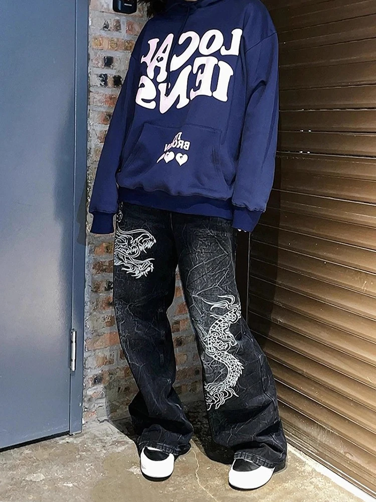 กางเกงยีนส์ทรงบอยเฟรนด์ปักลายมังกร REDDACHiC สีดำฟอก เอวสูง ขากว้าง สไตล์ยุค 90s สเก็ตเตอร์ กรันจ์ พังก์ สำหรับผู้หญิง