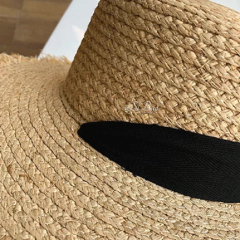 Straw Hat Women Wide Brim Sun Protection Beach Hat Black and White Ribbon Bowknot Straw Cap Casual Ladies Flat Top Panama Hat