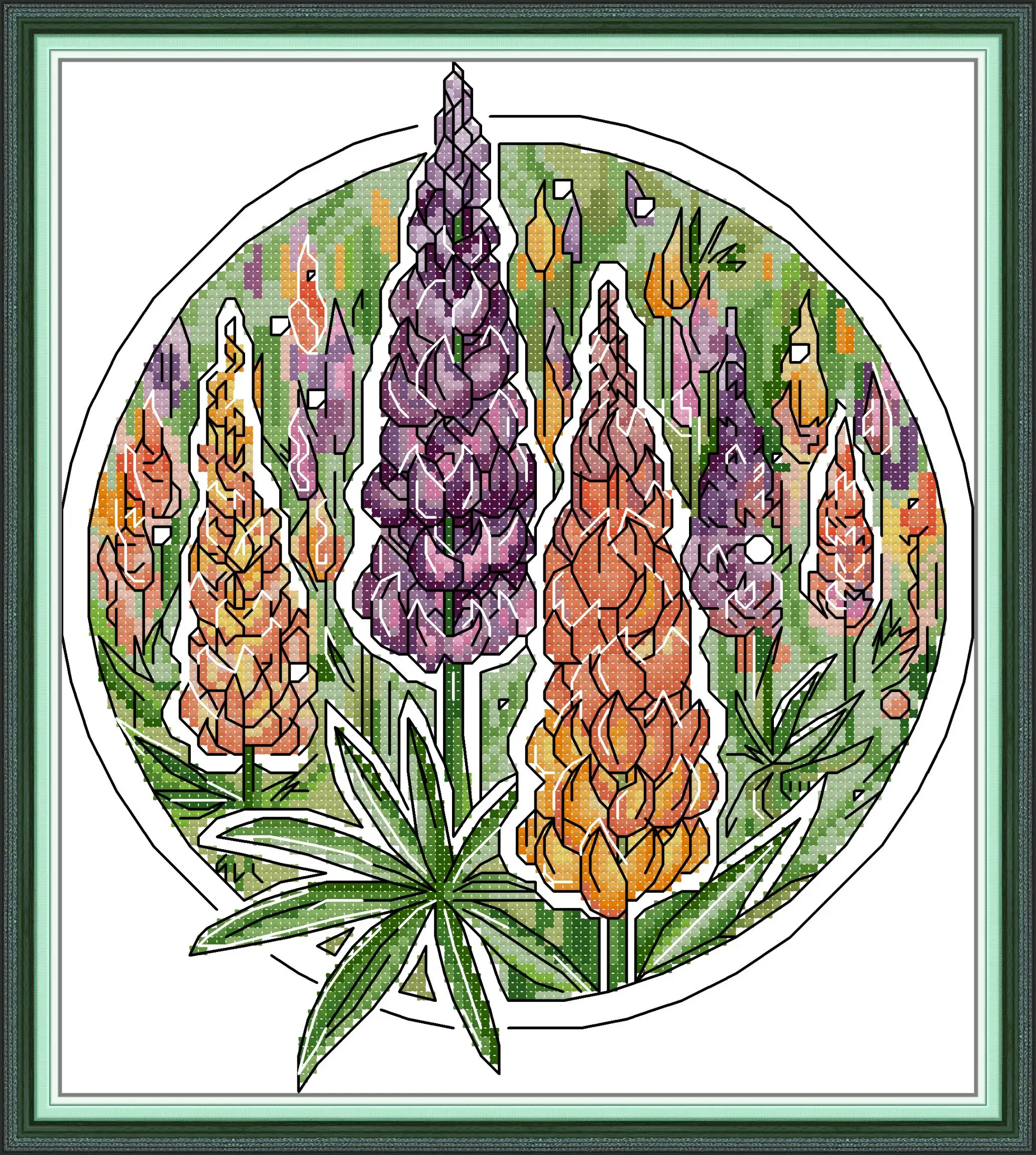 

Maydear Full Cross Stitch Kit, 11CT/14CT/16CT/9CT Aida Fabric,DMC Threads Sewing Pattern Embroidery Set-Lupine (Round)
