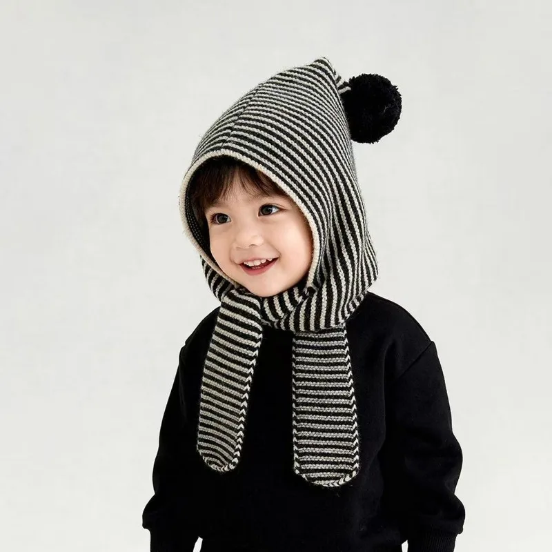 One Piece Striped Kids Hat Scarf Winter Fleece Lined Pom Pom Knit Earflap Beanie for Boys Girls Knitted Hats