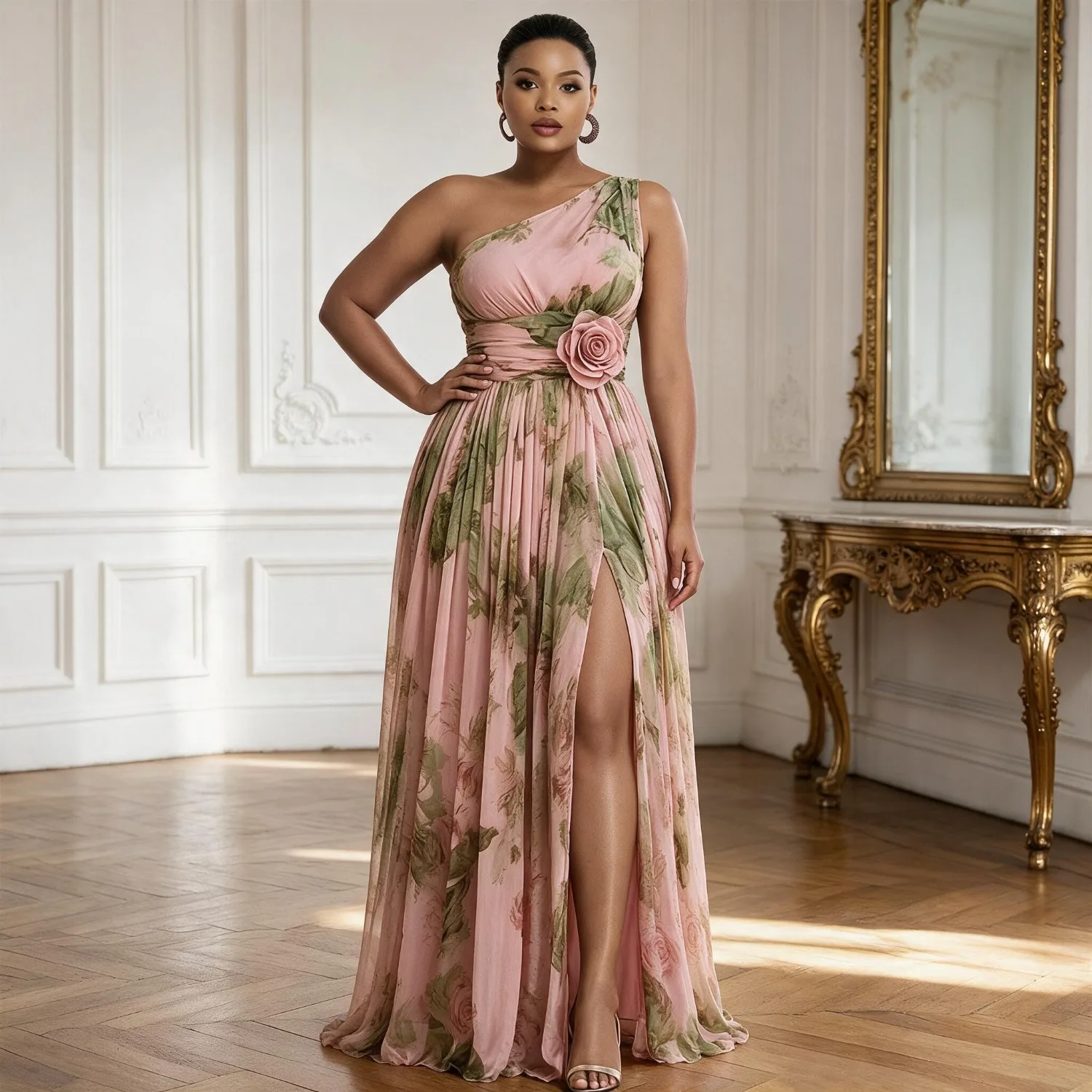 Damen Chiffon One-Shoulder Blumen-Maxikleid mit 3D-Blumendekor, hohem Schlitz, A-Linien-Kleid, elegantes Abendkleid für Hochzeitsgäste.