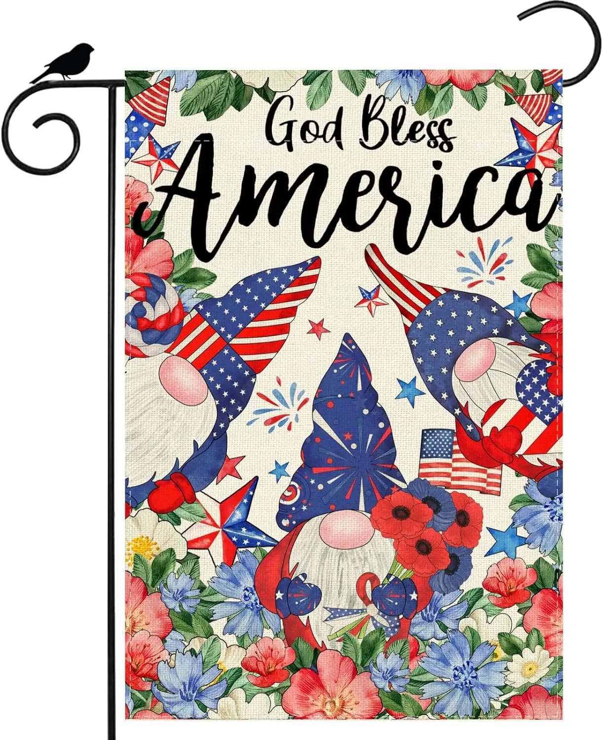 Gnomes Flowers America Stars 4th of July Garden Flag 12x18 Inch Patriotic Memorial Day Double Sided Small Mini Yard Flag Out ZZM