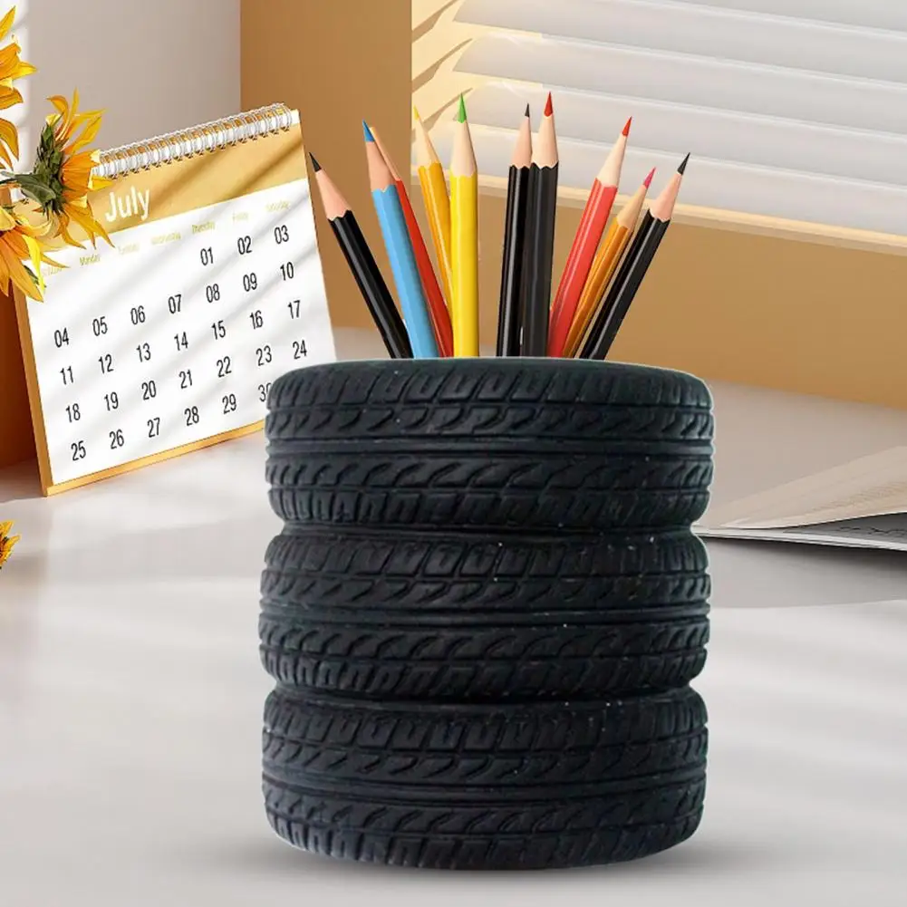 Pen Holder 3-Layer Car Tire Design Black Rubber Pen Holder Desk Organization Stationery Storage Organization Tool