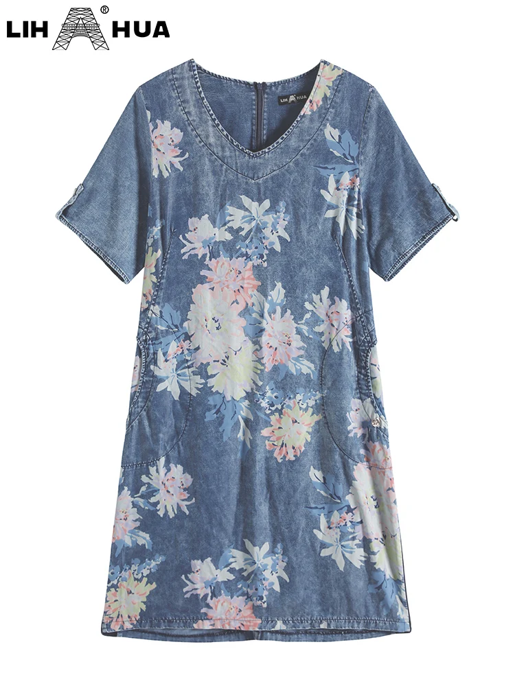 LIH HUA Women's Plus Size Denim Dress Autumn Chic Elegant Dresses For Chubby Women Woven Cotton  Dress