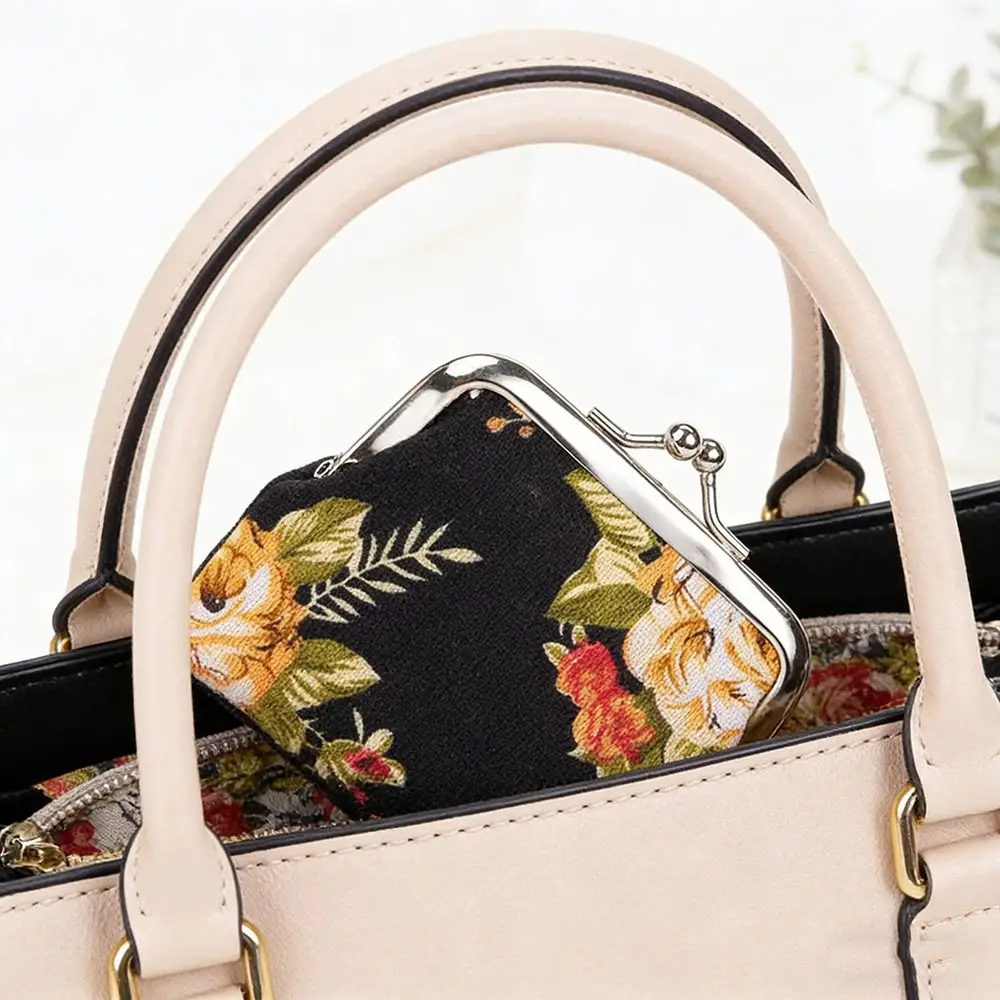 Elegant Retro Style Portable Mini Coin Bag Canvas Compact Wallet Card Holder Floral Rose Pattern Change Purse Girls Use