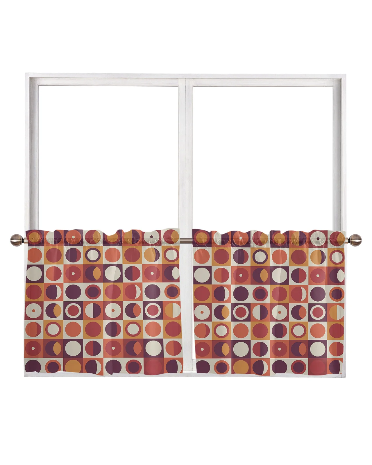 Plaid Rectangle Round Orange Red Rod Pocket Short Curtain Half-Curtain For Kitchen Door Drape Cafe Small Window Sheer Curtains