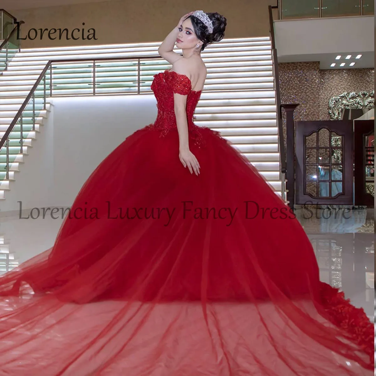 Vestido De quinceañera con hombros descubiertos, traje De baile De tul con espalda abierta, corsé dulce, 15 y 16, color rojo, 2024