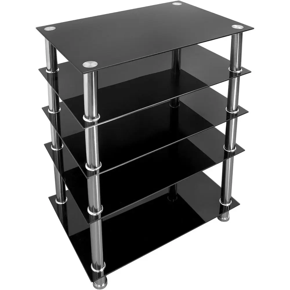 

Stylish Glass Media Stand with 5 Shelves, 220 lbs Capacity, Black and Chrome Finish