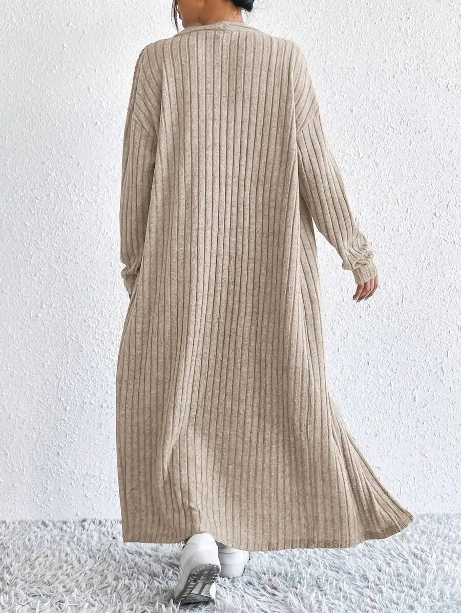 

Women Long Sleeve Ribbed Knit Cardigan With Side Slit
