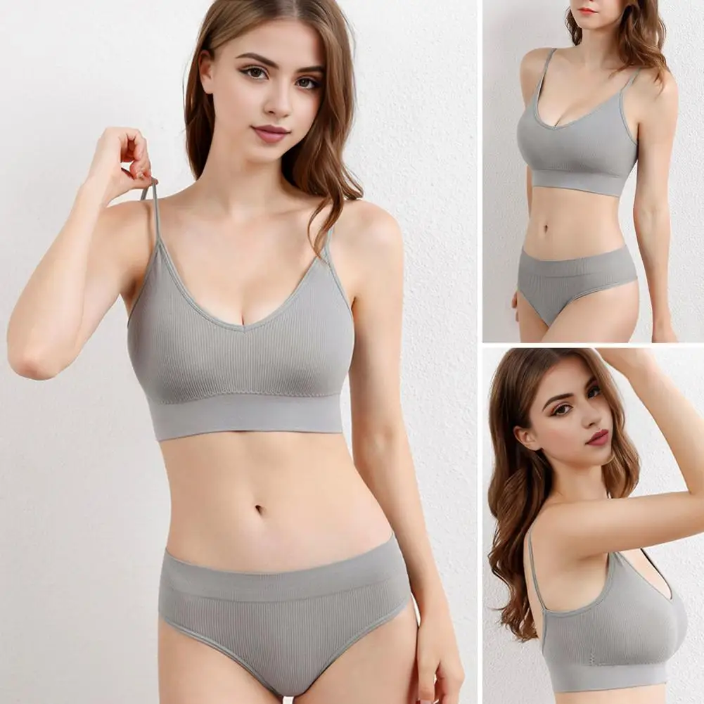 

Supportive Bra Wireless Push-up Sport Bra Panties Set for Women Elastic Shoulder Strap Vest Type Underwear with Stretchy Thread